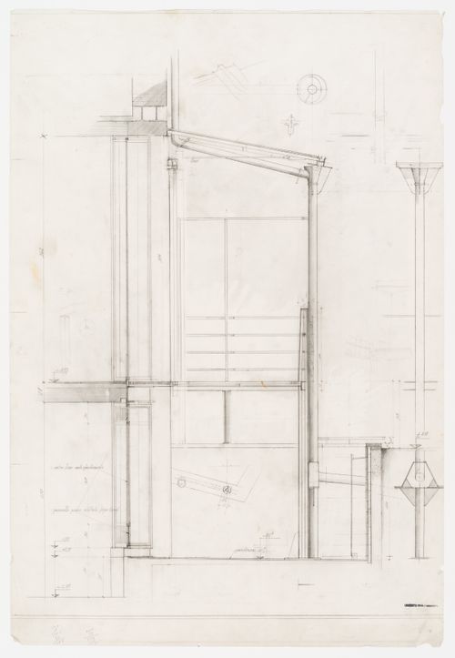 Section and elevation of iron strcuture of garden loggia for Casa Frea, Milan, Italy