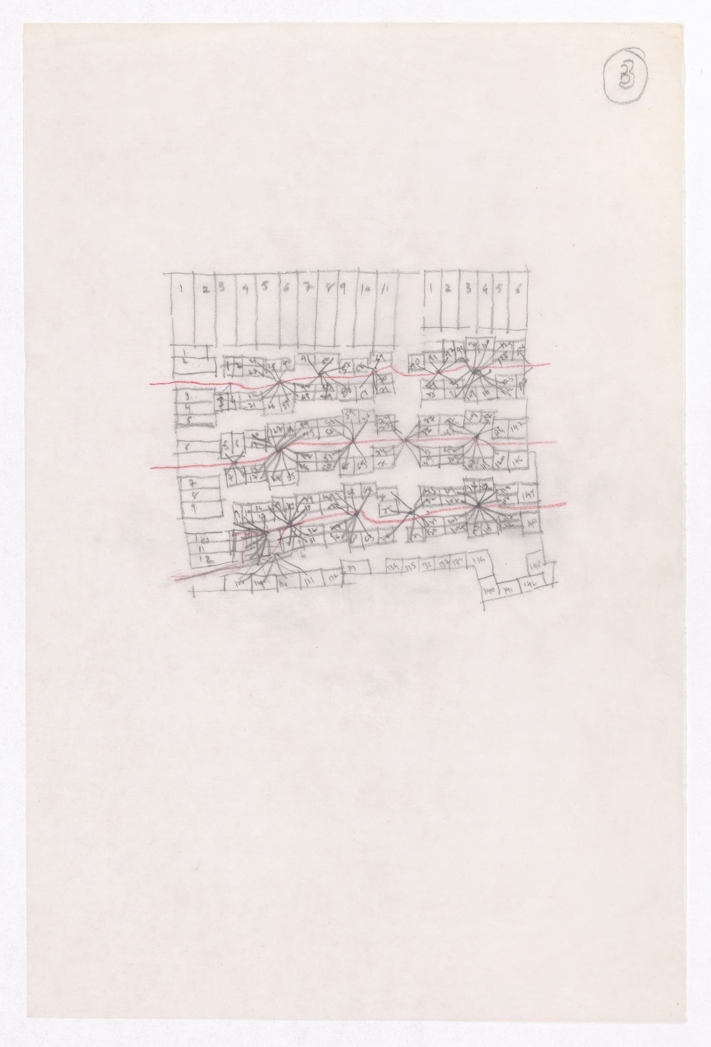 Sketch showing plots layout development for Minimum Cost Housing Group's plot in Aranya township, India, for Aranya Housing Project