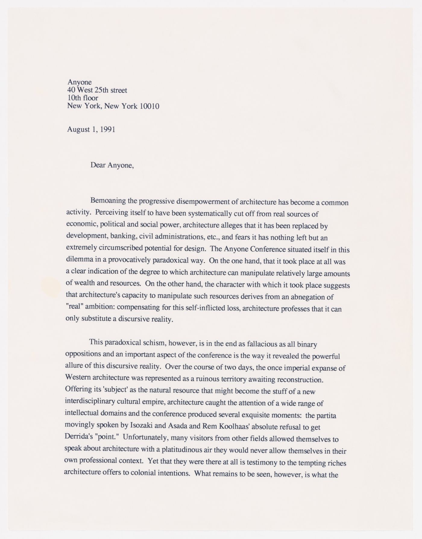 Letter from Sylvia Lavin to Davidson on the problems of interdisciplinary conversations in architecture