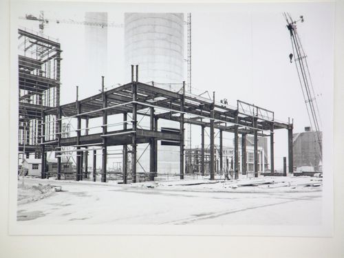 View of construction of steel structure of boiler house for power station, United Kingdom
