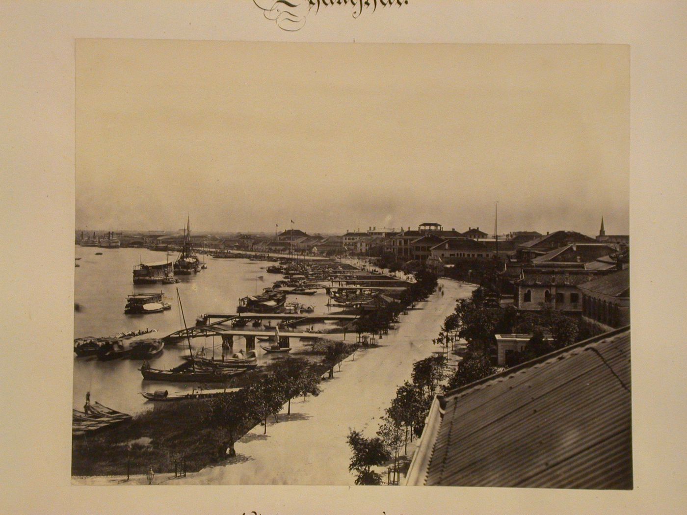 View of piers on English section of the Bund taken from the Oriental Bank, Shanghai, China