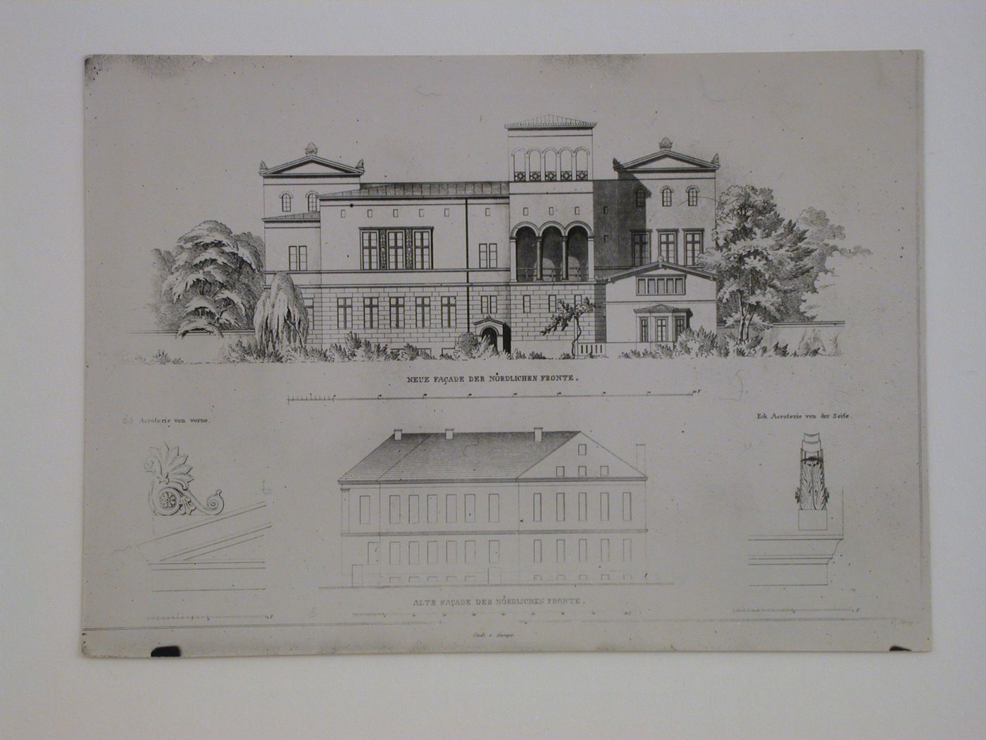 Photograph of a rendering of the Zivil Kabinettshaus showing the old and new north façades with detailed drawings of roof structures on the lower right and left, Potsdam, Germany