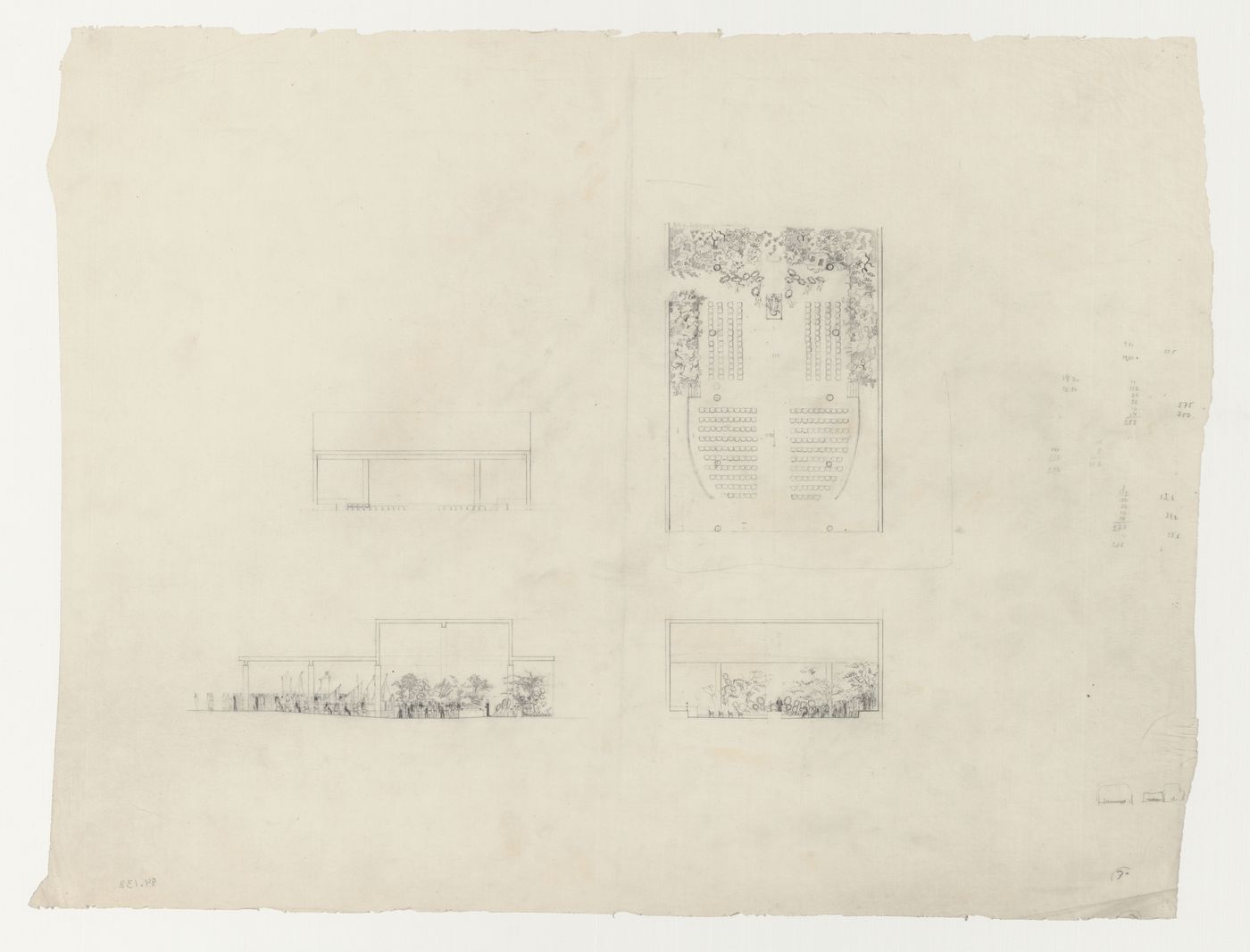 Plan and sections for the Chapel of the Holy Cross showing a service underway, Woodland Crematorium, Woodland Cemetery, Stockholm, Sweden