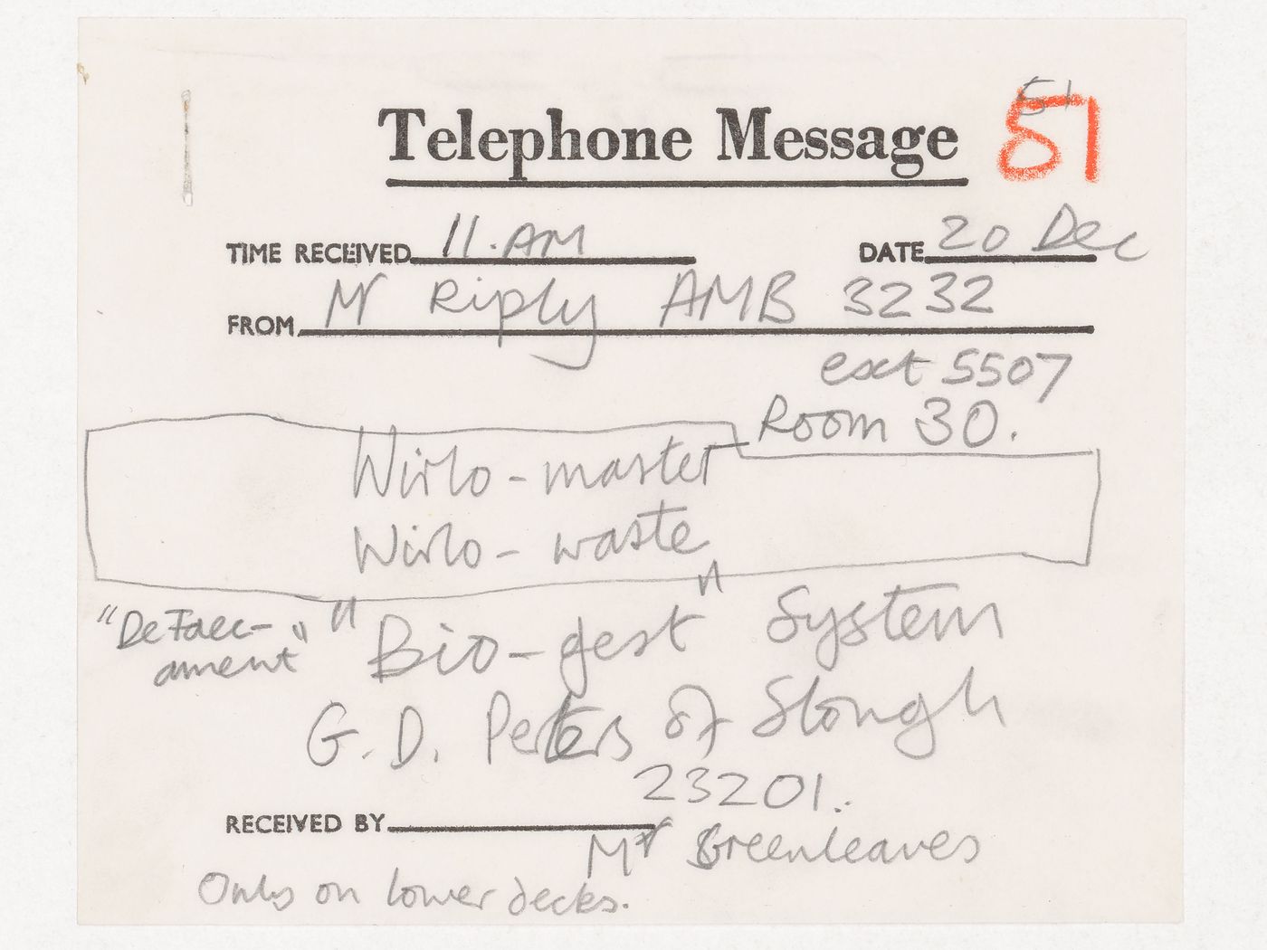 Telephone message from Mr. Riply possibly to Cedric Price