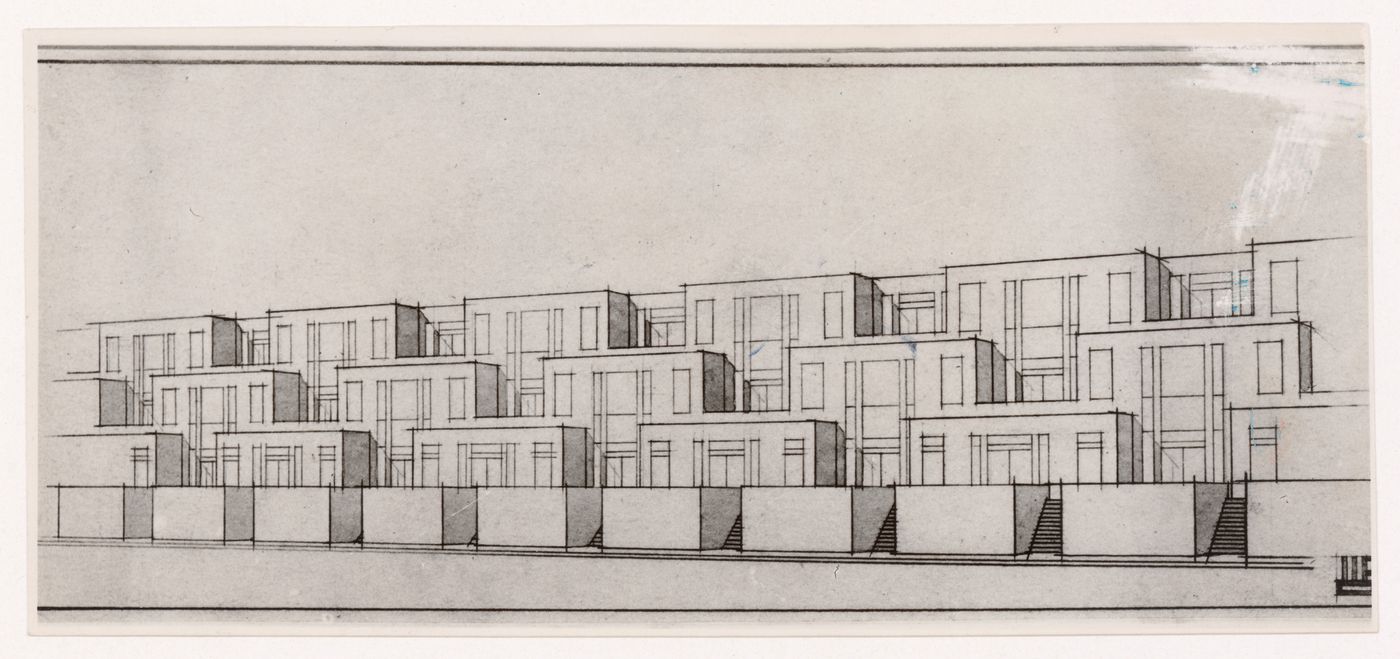Photograph of a perspective drawing for terraced beach houses, Scheveningen, The Hague, Netherlands