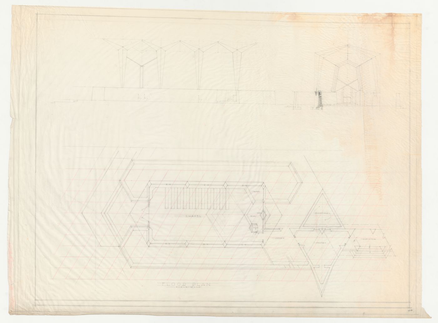 Wayfarers' Chapel, Palos Verdes, California: Plan for chapel and campanile developed on an equilateral parallelogram grid and two sections through the chapel
