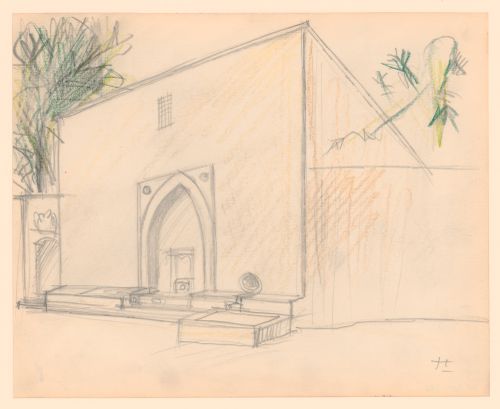 Copy after Le Corbusier, perspective sketch of the water temple of Sinan with fountain, set into an enclosing wall, Taksim, Istanbul