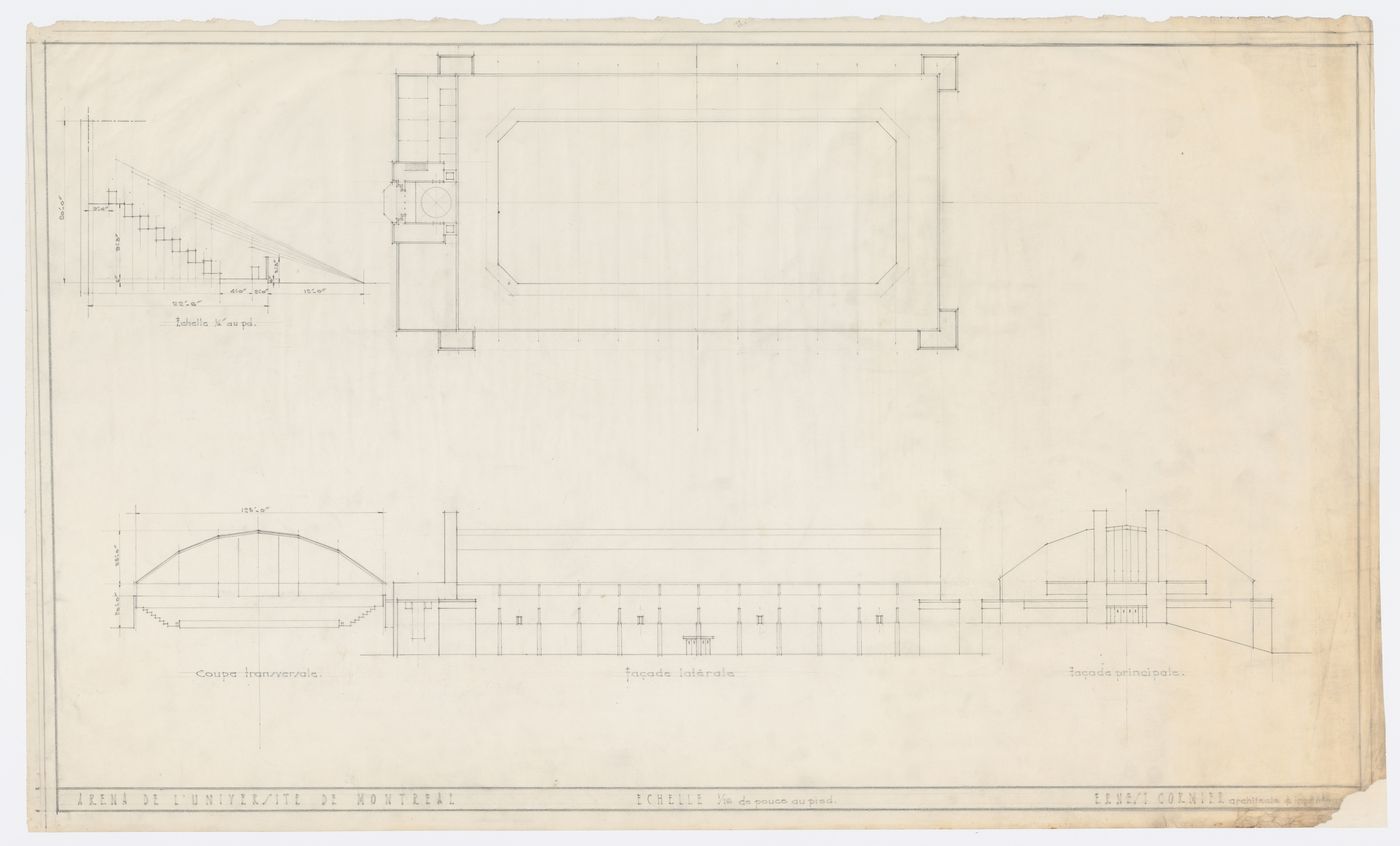 Plan, élévation et coupe, Aréna, Université de Montréal, Montréal, Canada (1925)