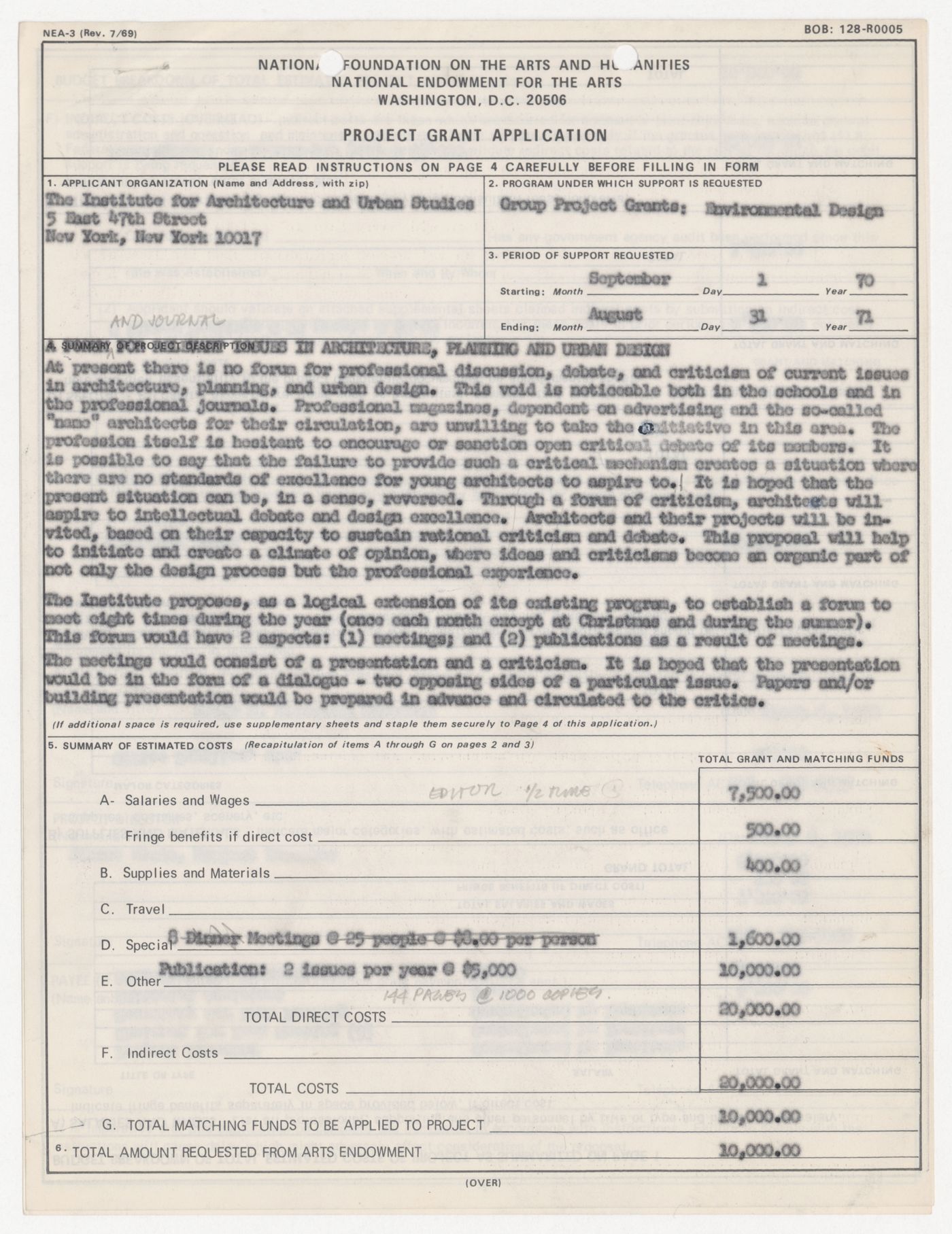 Project grant application for National Endowment for the Arts (NEA) with annotations by Peter D. Eisenman and attached project description