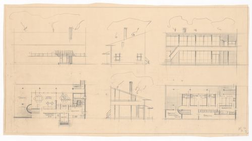 Ground and first floor plans, elevations and section for a country house for Mr. and Mrs. Pfeffer-De Leeuw, Blaricum, Netherlands
