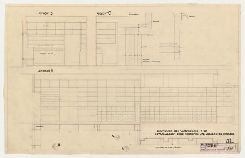 Plan, elevations, and sections for shelves for a type AL Latscha store, Hellerhof Housing Estate, Frankfurt am Main, Germany