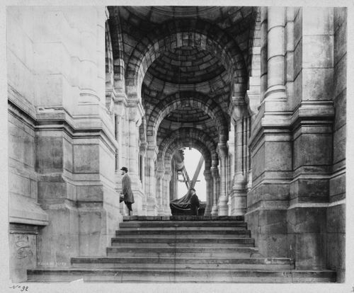 View of front steps to Basilica of Sacré-Coeur de Montmartre, Paris, France