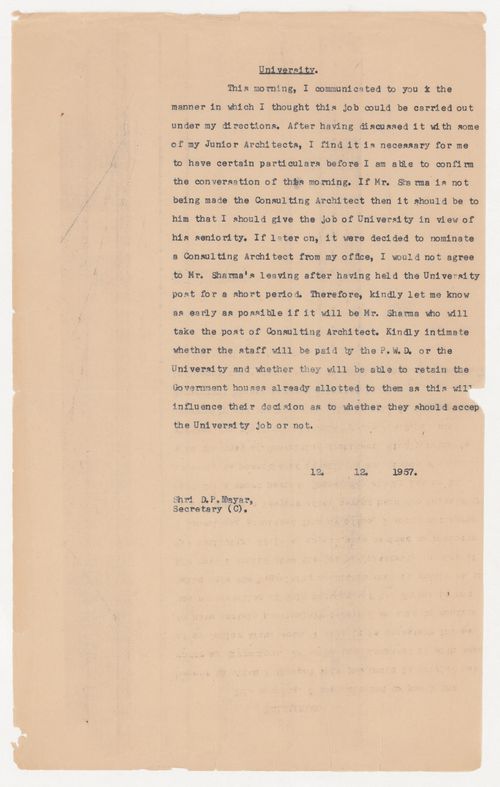 Letter from D.P. Nayar to an unknown correspondent