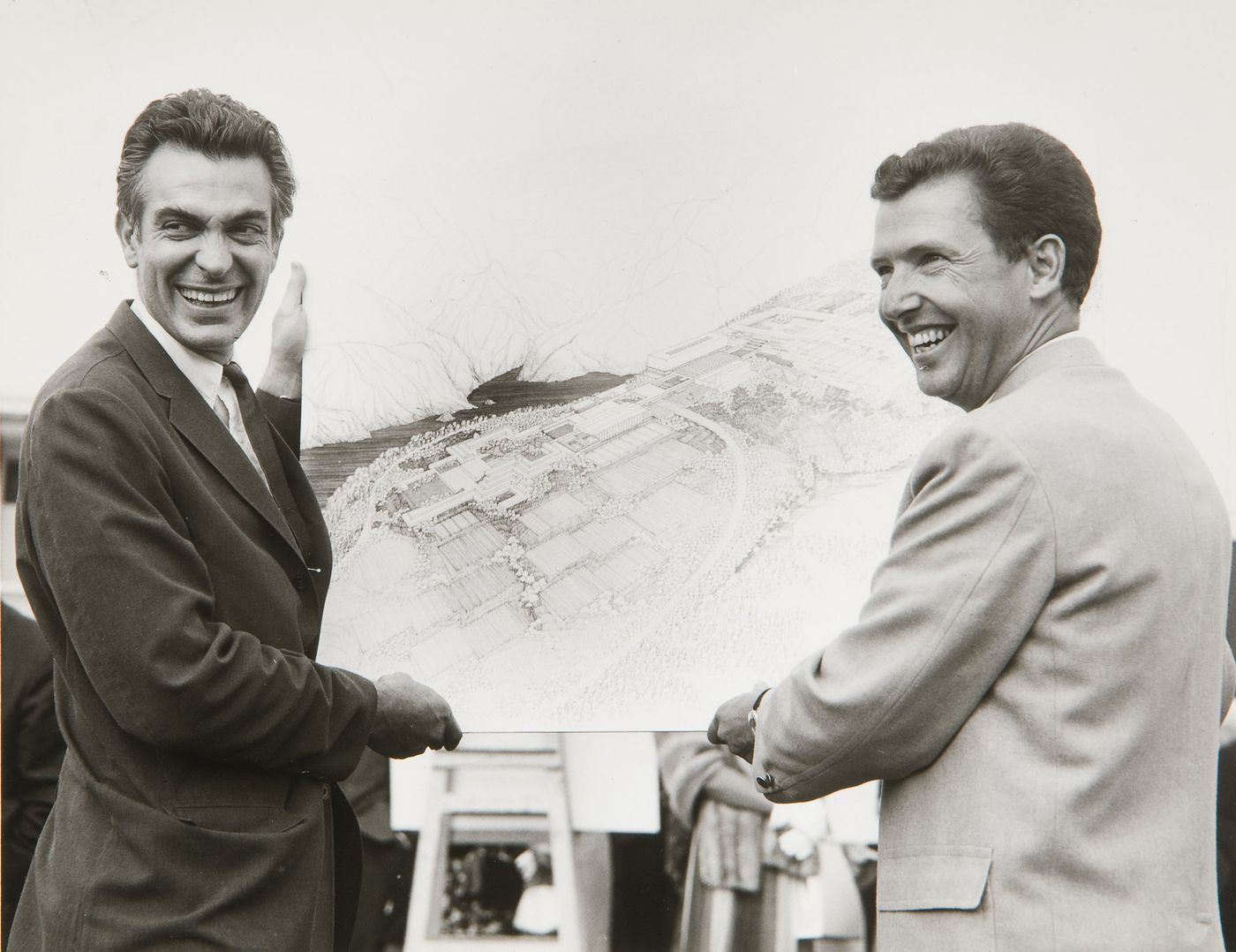 Geoffrey Massey and Arthur Erickson with a drawing of Simon Fraser University