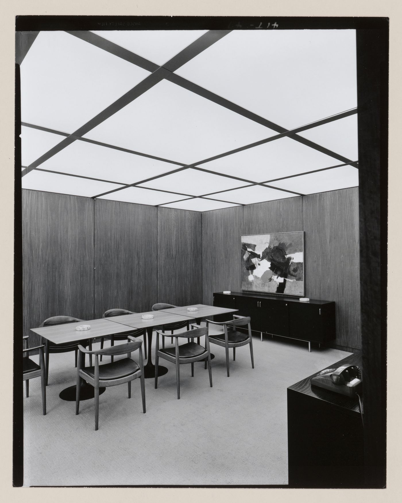 Interior view of the Seagram Building showing furniture and the recessed light fixtures designed by Richard Kelly, New York City
