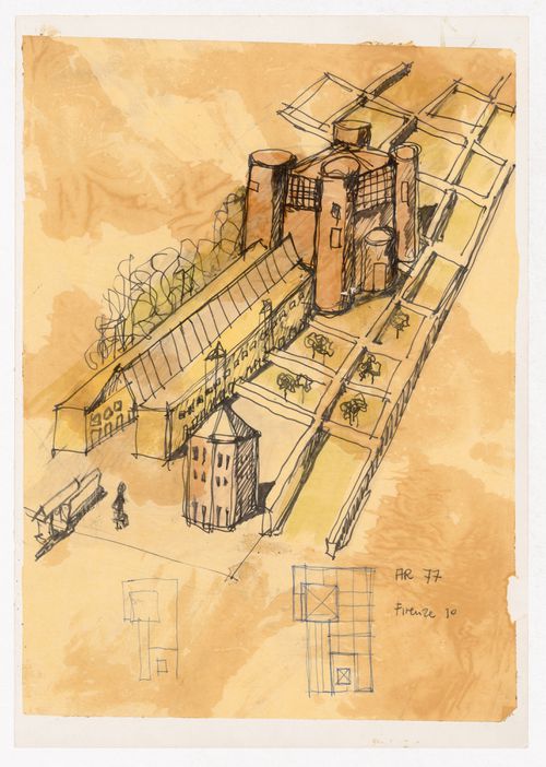 Sketch axonometric and sketch plans for Centro Direzionale, Florence; verso: Sketch plan and sketch axonometric for Centro Direzionale, Florence