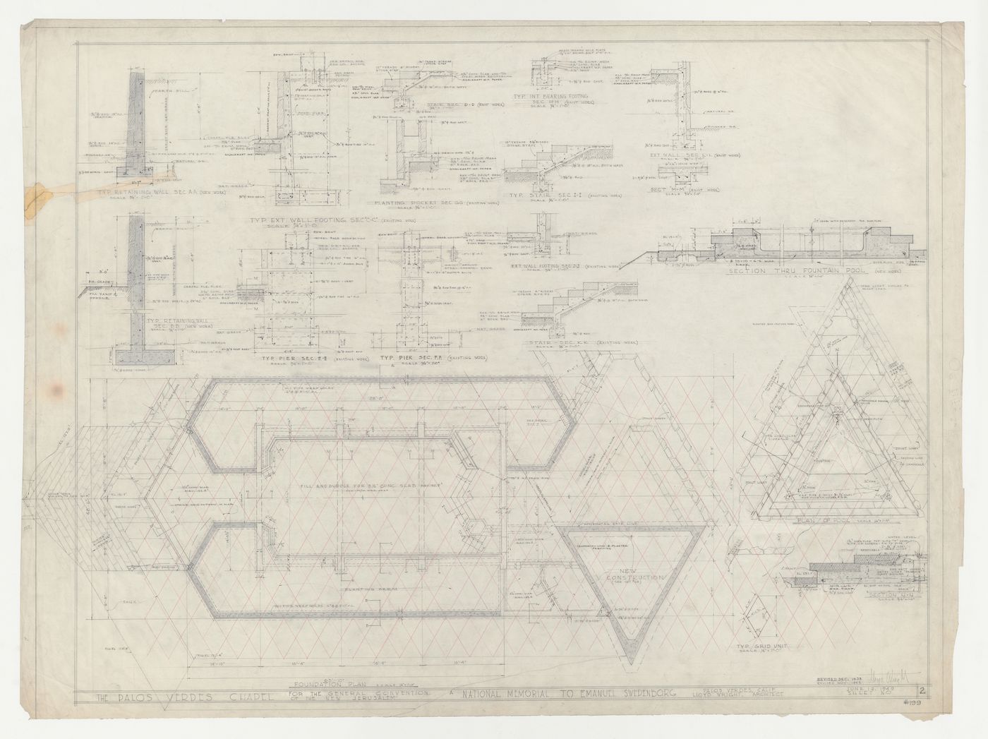 Wayfarers' Chapel, Palos Verdes, California: Foundation plans for chapel, campanile and pool developed on an equilateral parallelogram grid, with sections showing concrete work