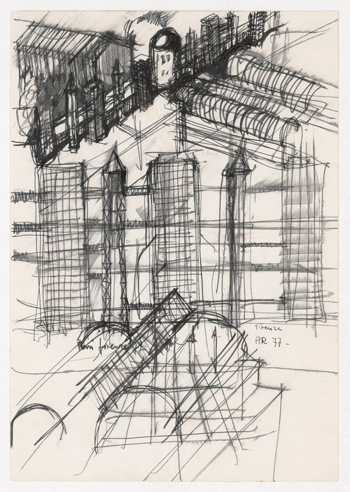 Sketch elevation, sketch section, perspective sketch and sketch detail for Centro Direzionale, Florence