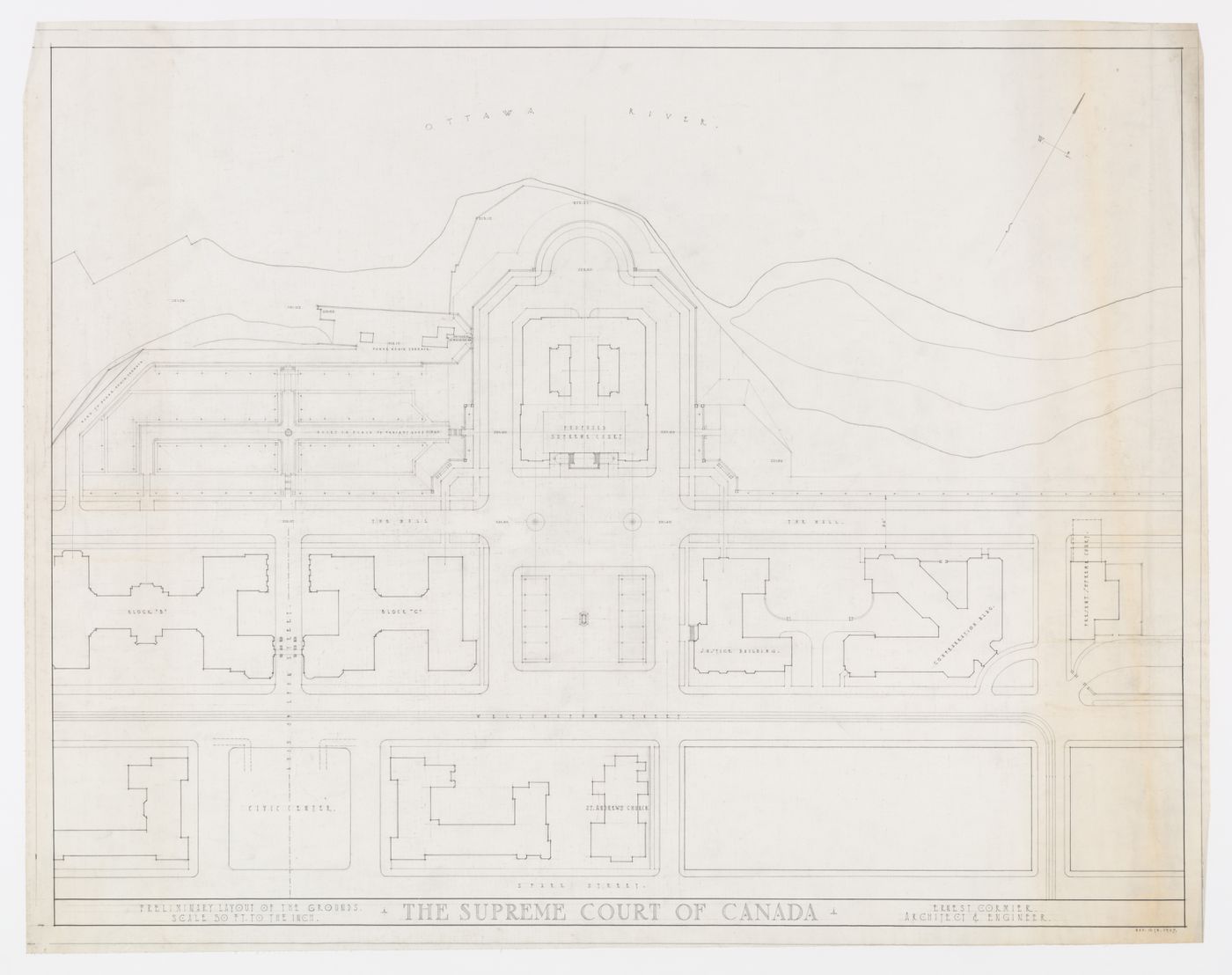 Plan préliminaire du site, Cour suprême du Canada, Ottawa, Ontario, Canada (1937-1953, 1977)