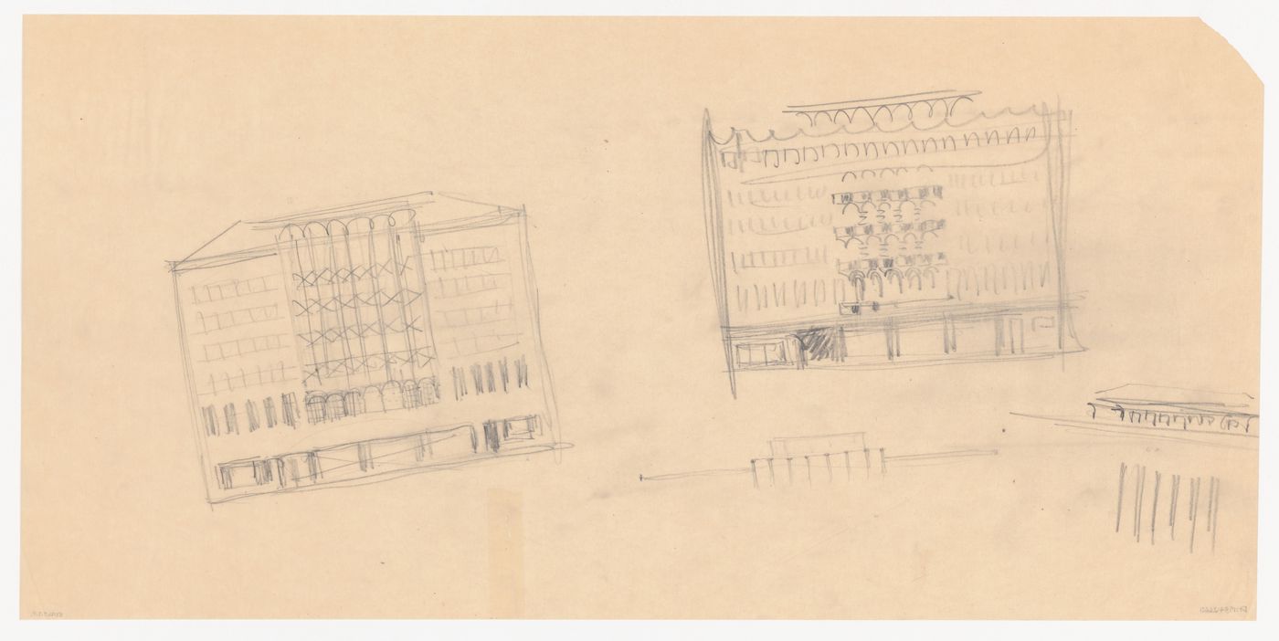 Sketch elevations for the principal façade and partial sketch elevations for a model for a mixed-use development for the reconstruction of the Hofplein (city centre), Rotterdam, Netherlands