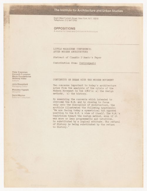 Abstract of Claudio D'Amato's paper for Little Magazines Conference "After Modern Architecture"
