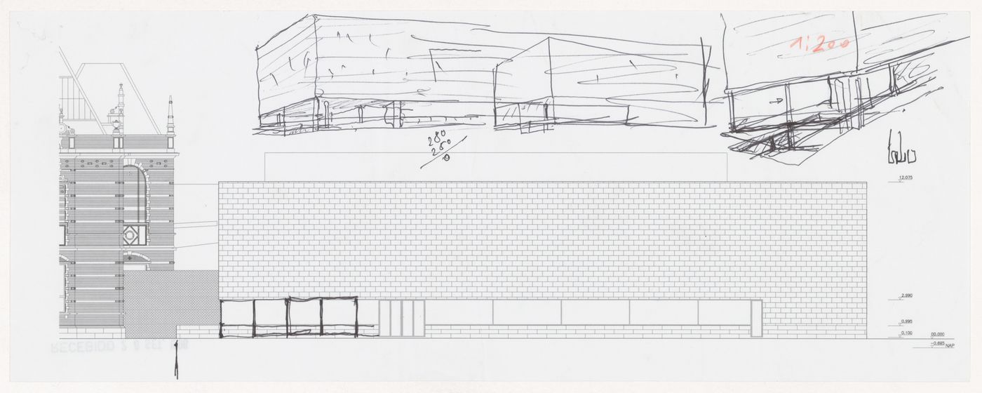 Elevation and perspective sketches for Renovação e extensão do Museu Stedelijk [Restoration and extension of Stedelijk Museum], Amsterdam