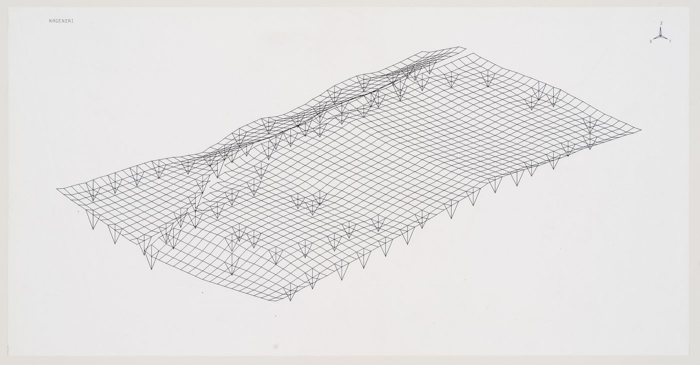 Perspective view of space frame showing grid formed by lower chords of trusses, Odawara Municipal Sports Complex, Odawara, Kanagawa, Japan