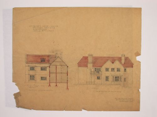 St. Peter's Home, Woking: East-west sectional elevation through the centre of the new wing showing the north arm, and elevation for the south side of the new wing