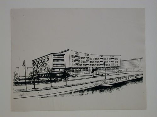 Photograph of a perspective drawing for the First Building of Lensovet (Leningrad Union), Leningrad (now Saint Petersburg)