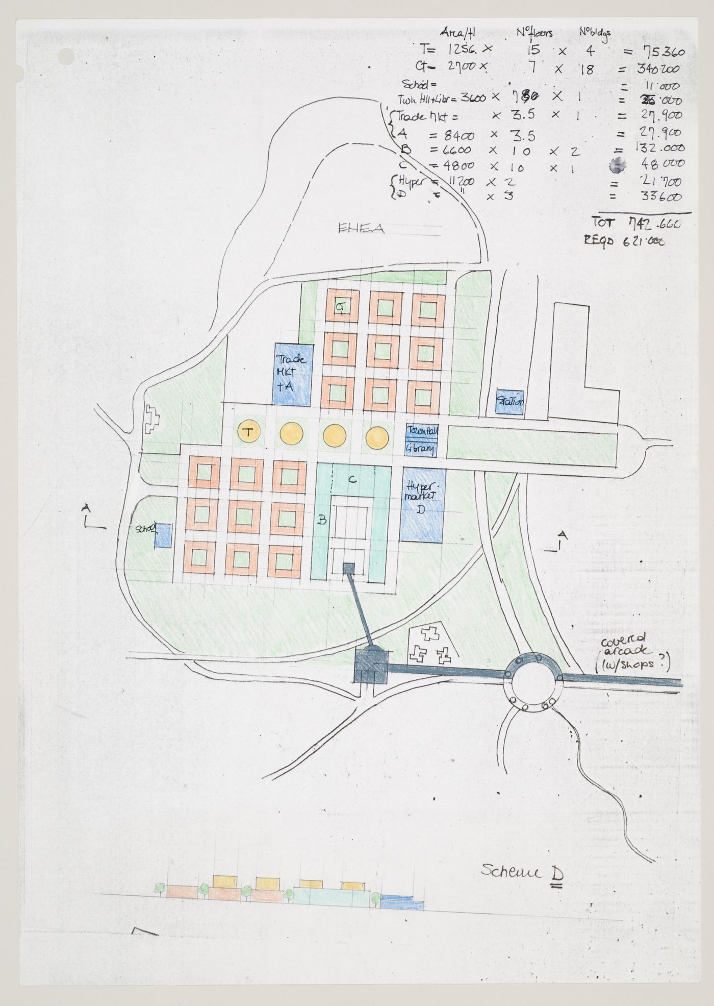 New Town Centre, Caselecchio di Reno, Italy: plan and elevation