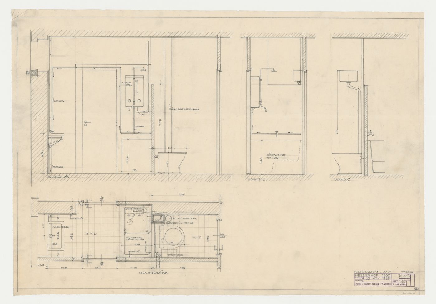 Plan and sections for a type E bathroom and lavatory for a housing unit, Hellerhof Housing Estate, Frankfurt am Main, Germany