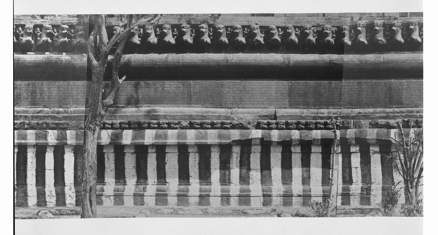 Partial view of the inscription panel at the base of the bimanum [sanctuary], Pirakatisvarar Tirukkoyil (also known as the Brihadisvara or Rajarajesvara Temple), Tanjore (now Thanjuvar), India