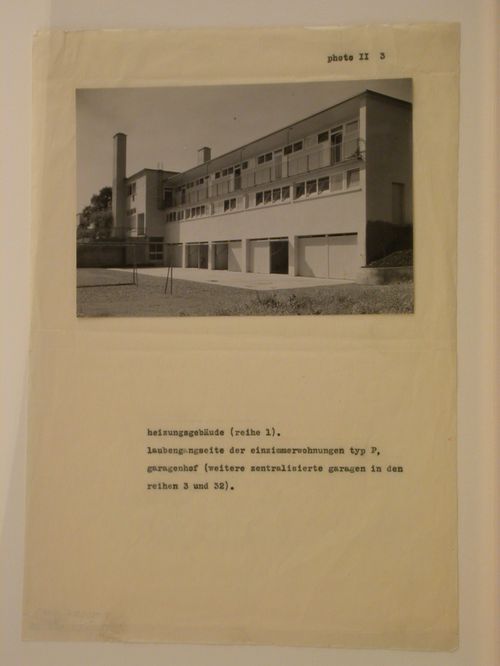 View of the north façade of a Type P1 multipurpose building showing powerhouse, apartment balconies and garages, Werkbundsiedlung Neubühl, Zurich, Switzerland