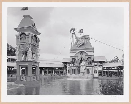 View of Centennial Plaza Lagoon with the Mississippi Aerial River Transit System (MART) in the background, Louisiana World Exposition, New Orleans