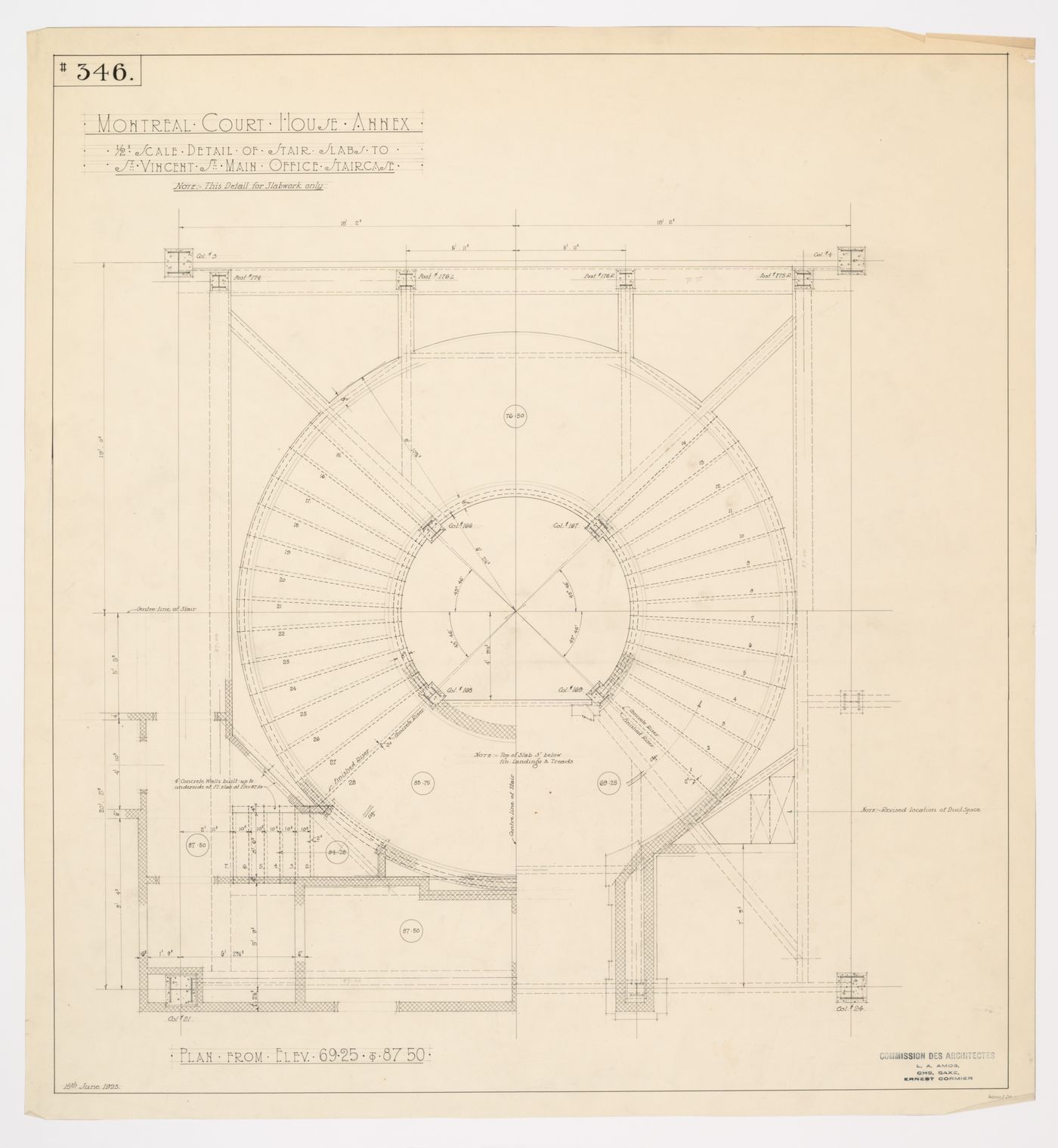 Détails structuraux des dalles de l'escalier du bureau principal, Annexe au Palais de Justice de Montréal, Montréal, Canada