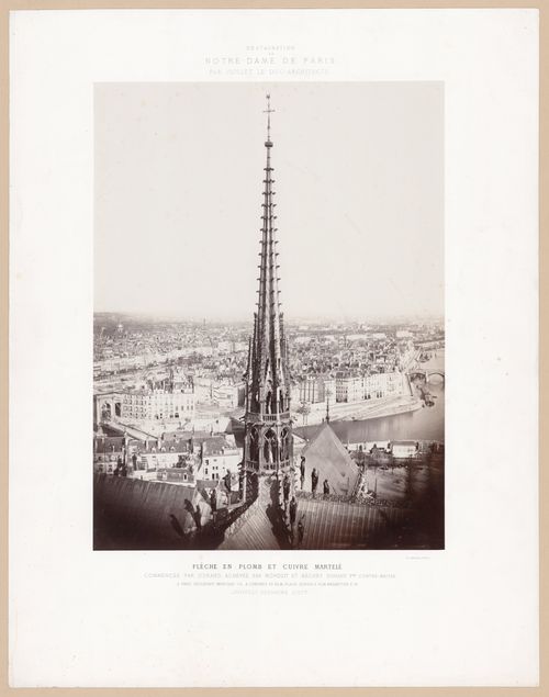 Restoration of Notre-Dame de Paris: View of steeple and Paris, France