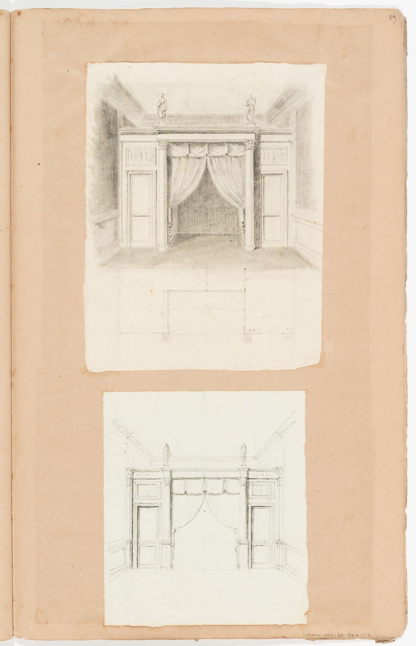 Plan and perspectives for a bed alcove; verso: Elevation of a grille of a portico, Jardin de Frascati, and detail of an entablature