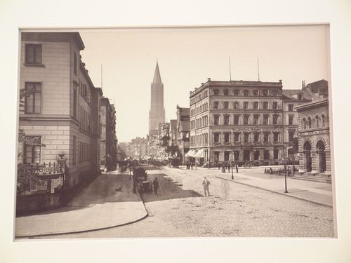 View down Steinstrasse towards tower of church of Saint Jacob, Hamburg, Germany