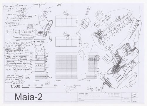 Plans, section and elevation with sketches and calculations for Plano de Urbanização da Nova Maia, Parque do Millenium, Maia, Portugal