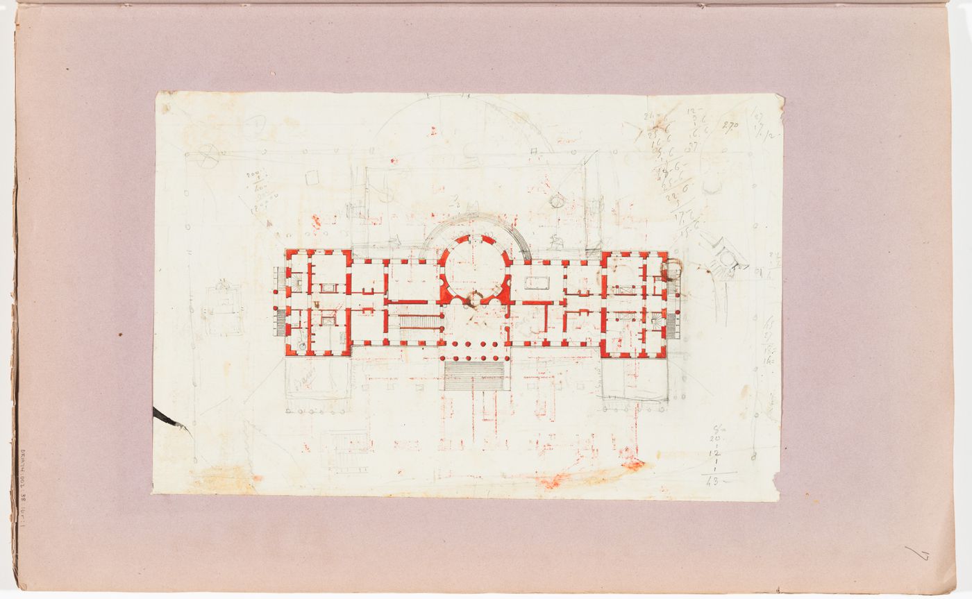 Ground floor plan for a country house with a circular salon; verso: Partial plan for a country house with a circular salon