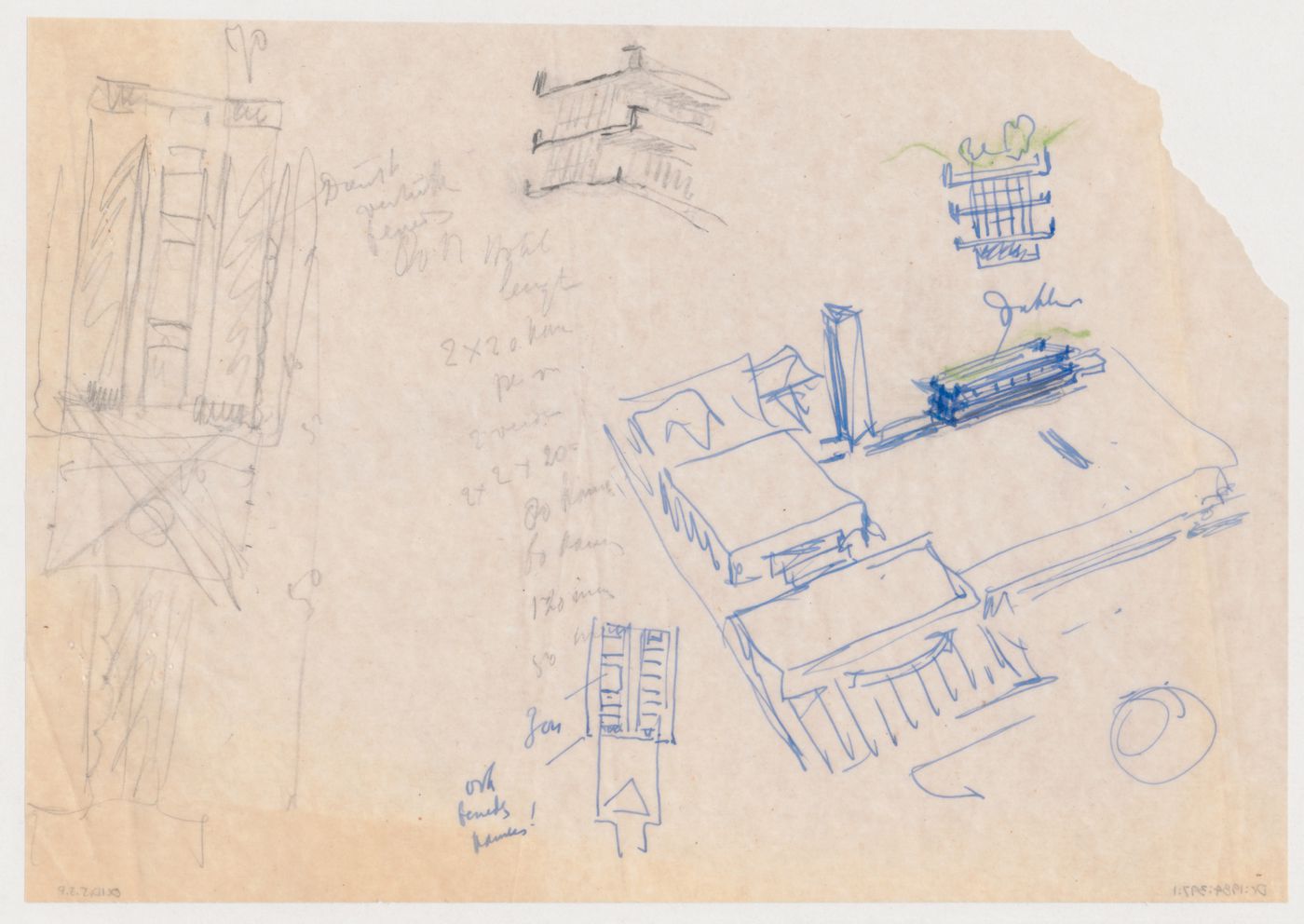 Bird's-eye sketch perspectives, partial plans and partial elevation for the Congress Hall Complex, The Hague, Netherlands