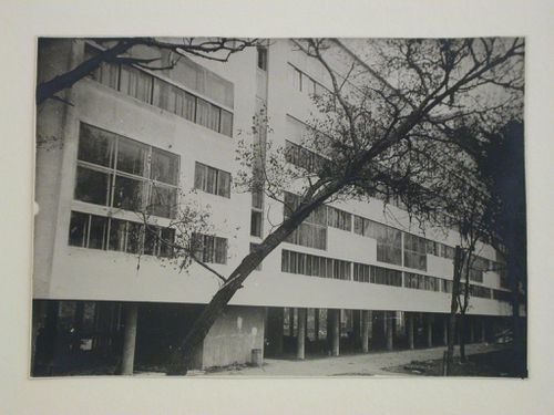 Partial view of the façade of the People's Commissariat for Finance (Narkomfin) Apartment Building from the river, 25 Novinskii Boulevard, Moscow