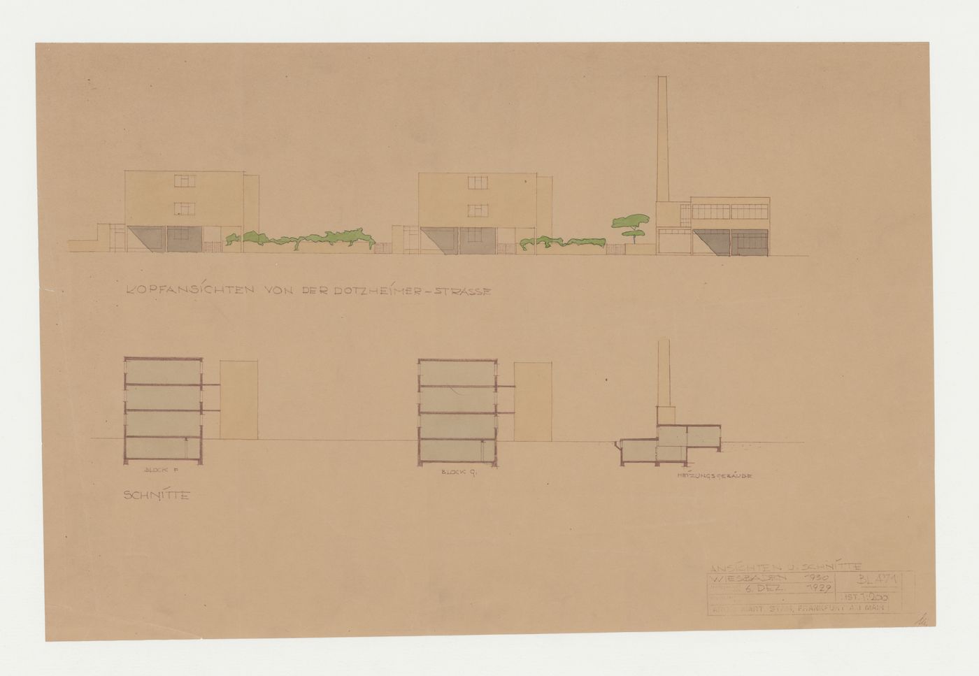 Elevations and sections for housing units and a heating systems building, Wiesbaden, Germany