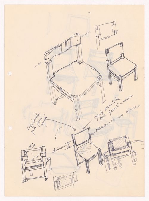 Chair sketches with annotations for Casa de chá, Restaurante da Boa Nova, Leça da Palmeira, Portugal