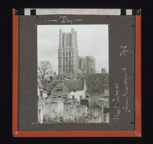View of west tower of Ely Cathedral from churchyard, Ely, Cambridgeshire, England