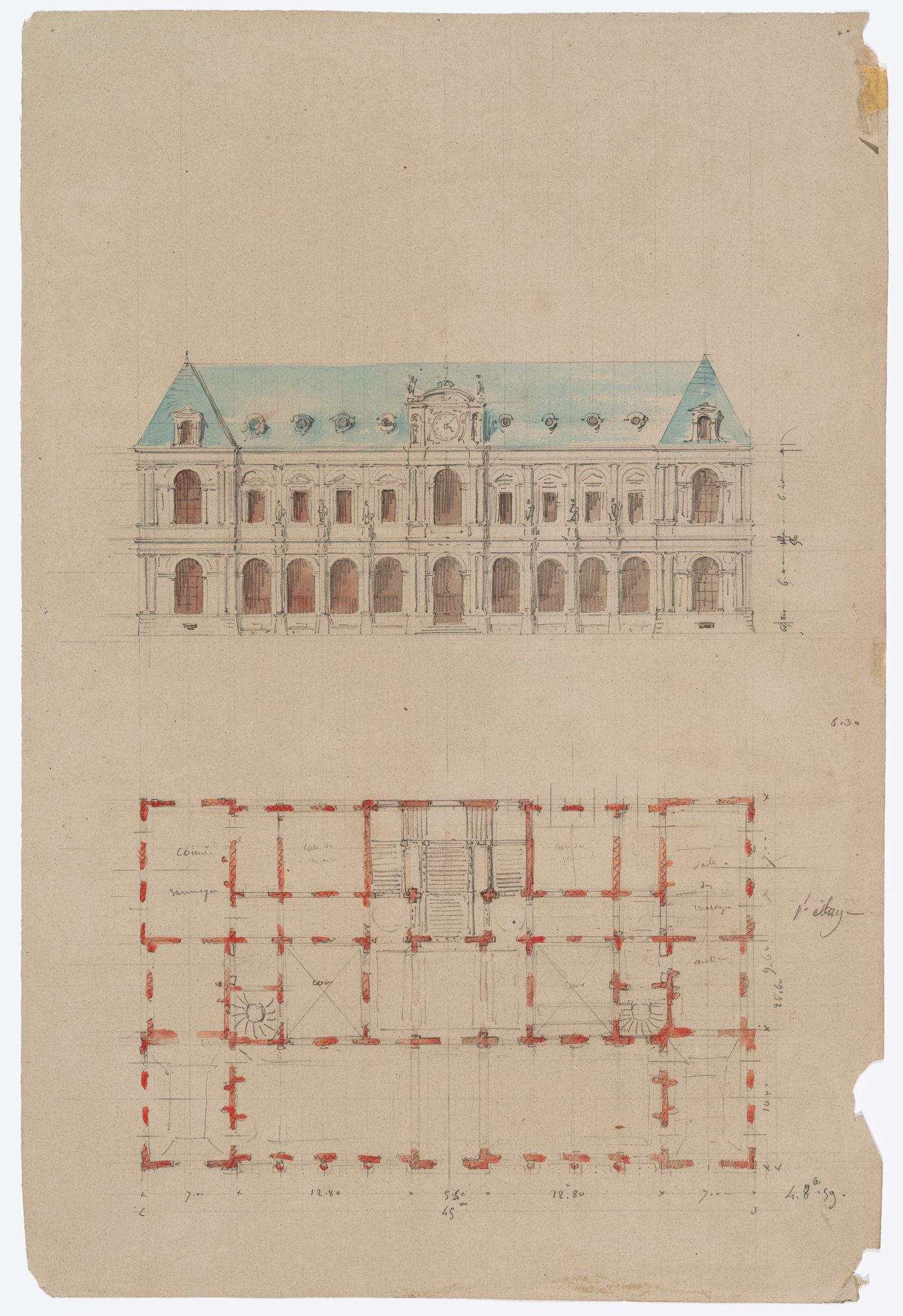 Project for a Hôtel de ville, Poitiers: Elevation and plan for the principal façade and first floor