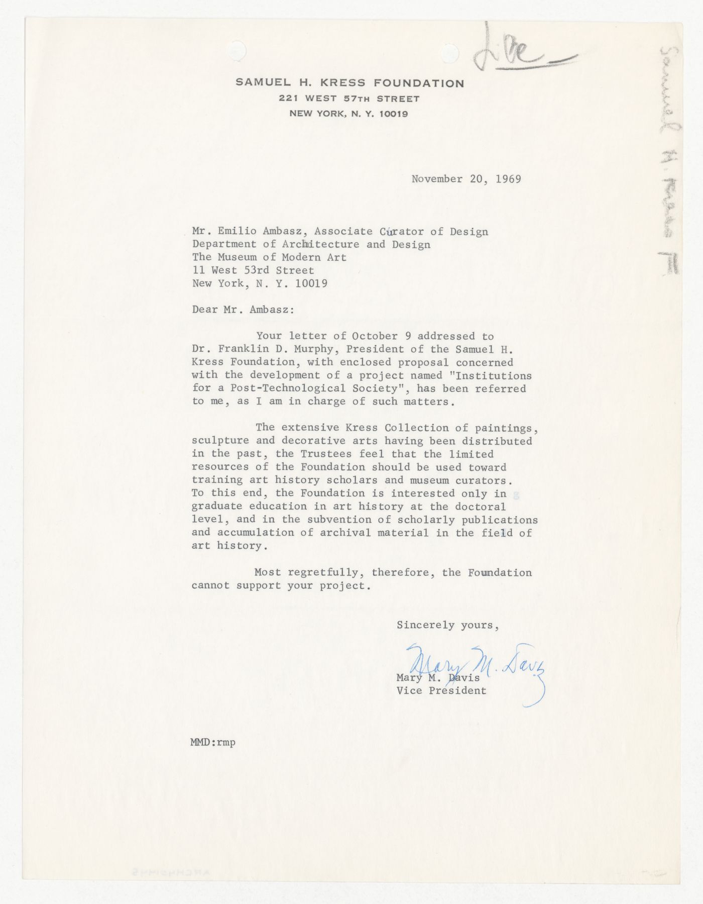 Letter from Mary M. Davis to Emilio Ambasz responding to proposal for Institutions for a Post-Technological Society conference