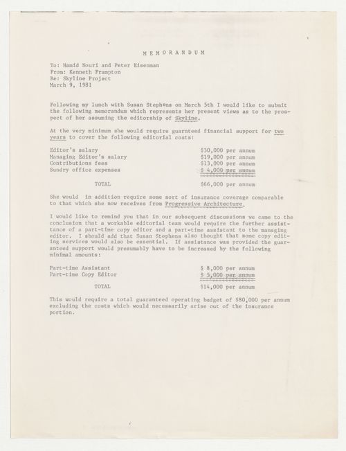 Memorandum from Kenneth Frampton to Hamid Nouri and Peter D. Eisenman about Skyline