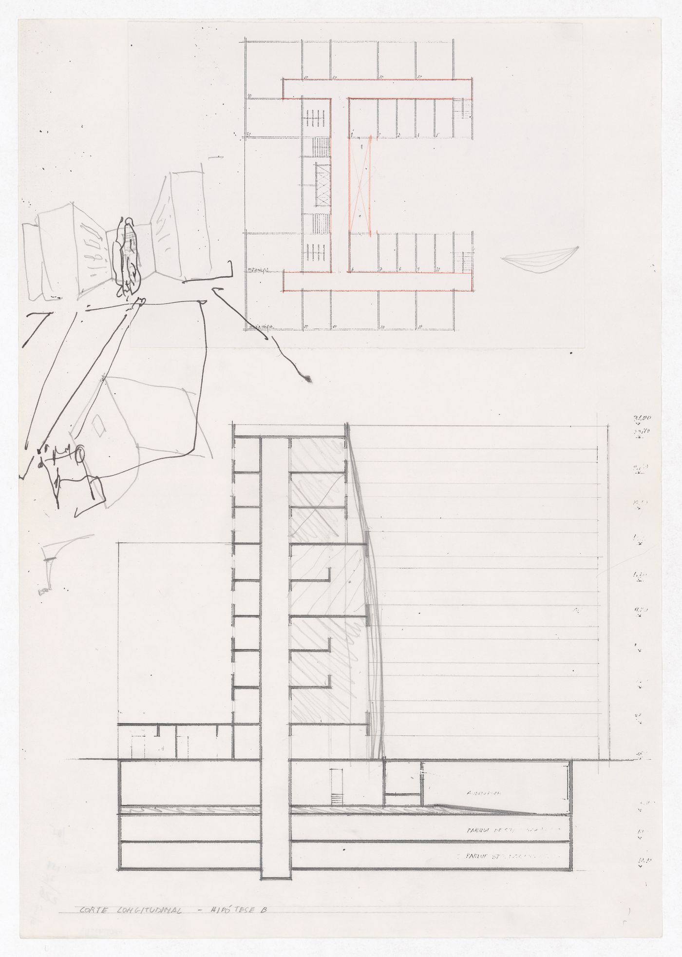 Floor plan, section, and sketch perspective for Plano Urbanístico Boulevard Brune, Paris, France