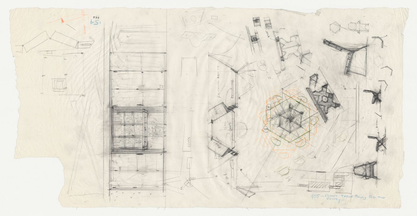 Wayfarers' Chapel, Palos Verdes, California: Elevation for vestry wall and sketch elevations and sketch plans for vestry table and chairs